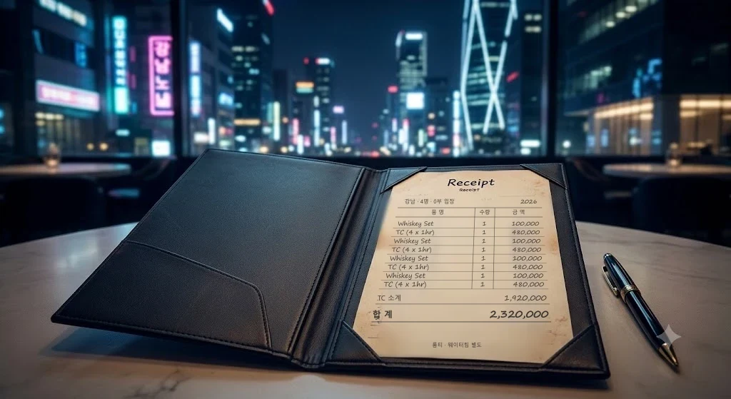 4명·0부 입장·4시간 계산 예시. 주대 40만원 + TC 192만원 = 232만원, 룸티·웨이터팁 별도 (연출 이미지).