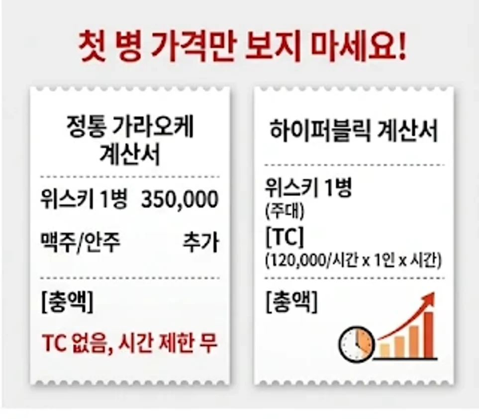 첫 병만 보면 하이퍼블릭이 싸 보이지만, 정통 가라오케는 TC가 없고 하이퍼블릭은 TC가 인원 × 시간으로 쌓인다. 계산 방식이 다르다 (연출 이미지).
