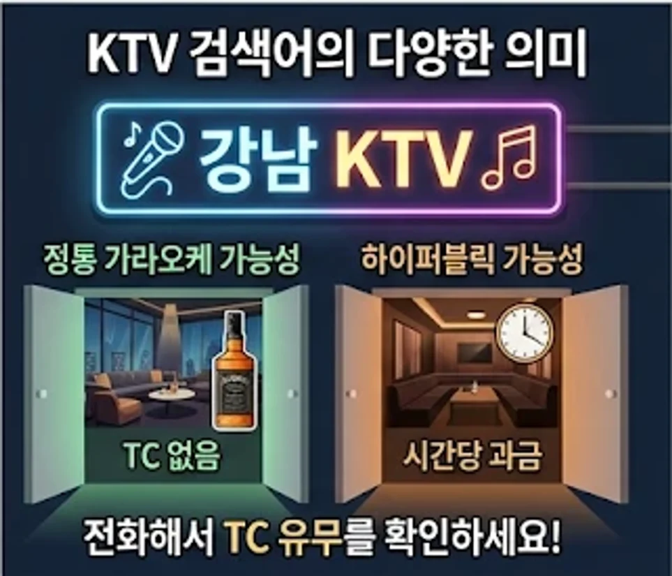 강남 KTV는 정통 가라오케(TC 없음)일 수도, 하이퍼블릭(시간당 과금)일 수도 있다. 전화로 TC가 있는지 물으면 갈린다.